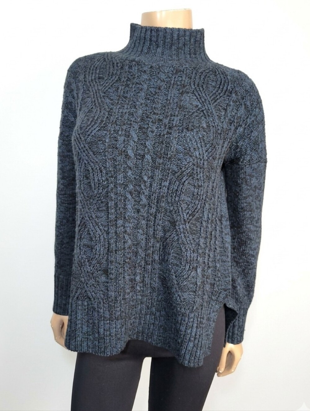 Sanctuary Blue Black Cable Knit Mock Neck Sweater Side Slit Womens Size XS